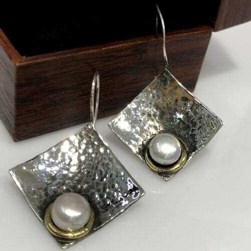 Authentic Pearl Gemstone Tumbled Silver Lady Earrings