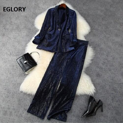 Top Quality Womens Set 2020 Autumn Winter Blazer Suit Female Lurex Yarn Patchwork Single Button Blazer Jacket+Wide Leg Pant Set