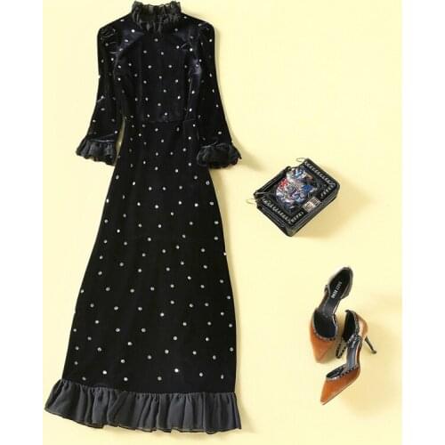 Top Quality New Long Party Evening Vestidos 2021 Autumn Winter Women Lace Patchwork Crystal Beading Long Sleeve Velour Dress