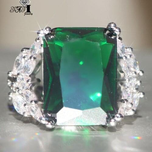 YaYI Jewelry Princess Cut 16*20mm 23CT Green Zircon Silver Color Engagement Lovers wedding Heart Valentines Day Girls ring