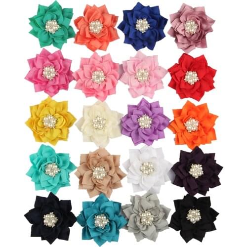 5PCS 7.5CM 2.95" Cute Handmade Lotus Leaf Flowers With Pearl Rhinestone Embellishment For Headbands Satin DIY Fabric Hair Flower