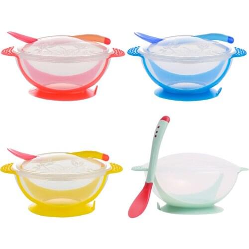 Baby Suction Cup Bowl Training Bowl Spoon Tableware Set Dinner Bowl with Temperature Sensing Spoon Set Separate Suction Cup Set