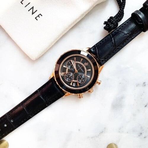 Sexual Cold Wind Full Black Leather Watches for Women Workable 3 Eyes 6 Hands Analog Watch Multi Functional Calendar Wrist watch