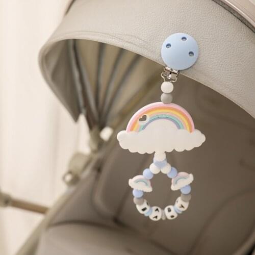 Baby Stroller Chain Toys Rainbow Teether Customizable Personalize Pram Clip Baby Mobile Pram Silicone Bead Chewable Baby Rattle