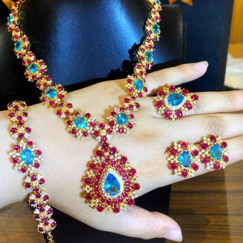 Exclusive Princess Luxury Vintage flower red blue CZ Necklace Earring Bracelet Ring Party Jewelry Set for Women Lady dubai