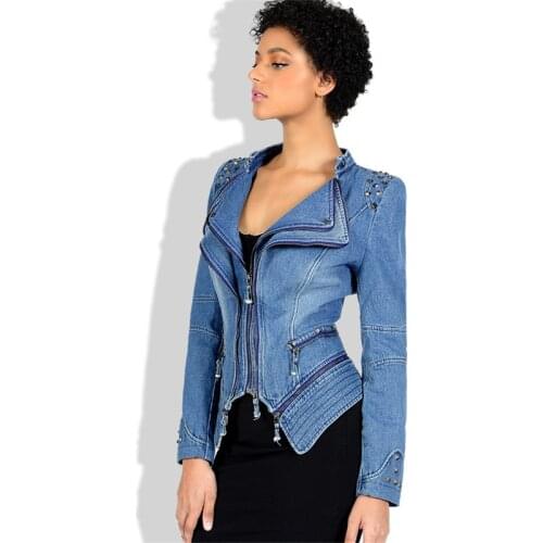 Large Size 6XL Short Denim Jackets Women 2019 Autumn Long Sleeve Vintage Casual Slim Jean Jacket Rivet Zipper Bomber Denim Coat
