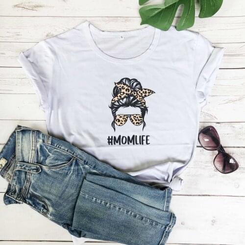 Mom Life Kid Life Leopard Mom Messy Bun mom t shirt graphic women fashion pure cotton casual hipster tee vintage mother tops