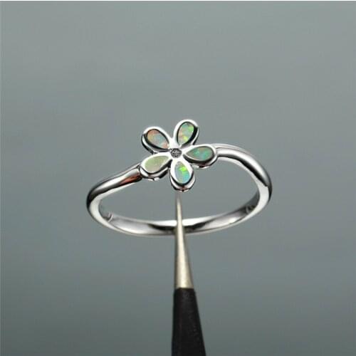 Cute Female Blue White Opal Ring Silver Color Adjustable Wedding Rings For Women Boho Bridal Love Flower Engagement Ring