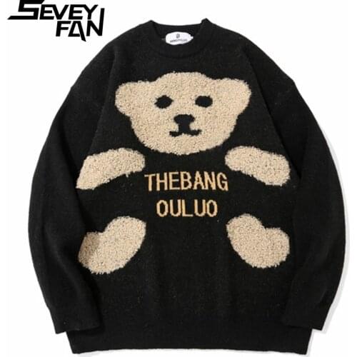 SEVEYFAN Mens Fashion Cartoon Bear Towel Embroidery Sweater Hip Hop Loose O Neck Cotton Pullover Knitwear for Couples