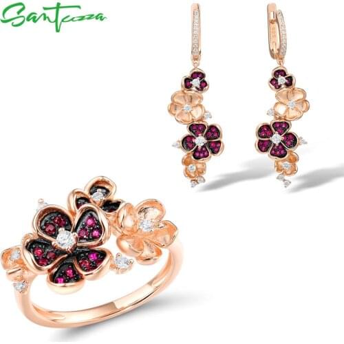 SANTUZZA 925 Silver Jewelry Set For Women Pure 925 Sterling Silver Flower Rose Color Shiny Created Ruby White CZ Fine Jewelry