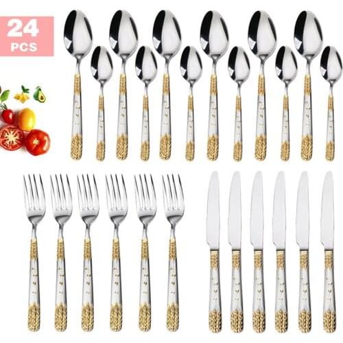 Golden Cutlery Set VajillaSteak Knife Fork Spoon Luxury Vintage Coffee Dinnerware Set Embrossed Wheat Stainless Steel Tableware
