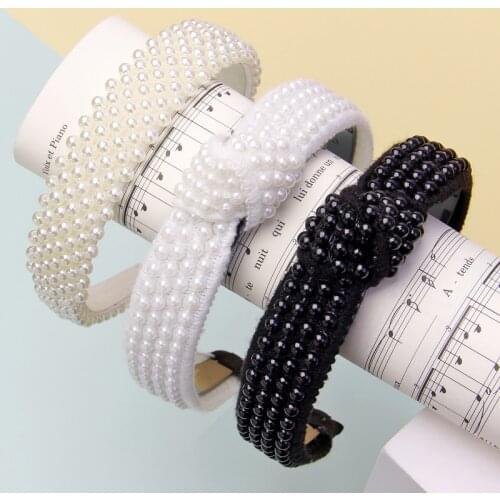 2019 Trendy Pearl Design Hairband for Women White Padded Crown Headband Girls Cross Headwear Headdress Wedding Hair Accessories