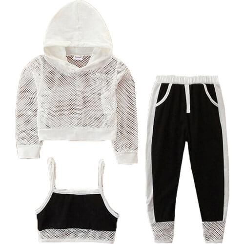 2021 Autumn Three-piece Suit Childrens Sportswear Girls Casual Fashion Sportswear Mesh Long-sleeved Top + Camisole + Sweatpants