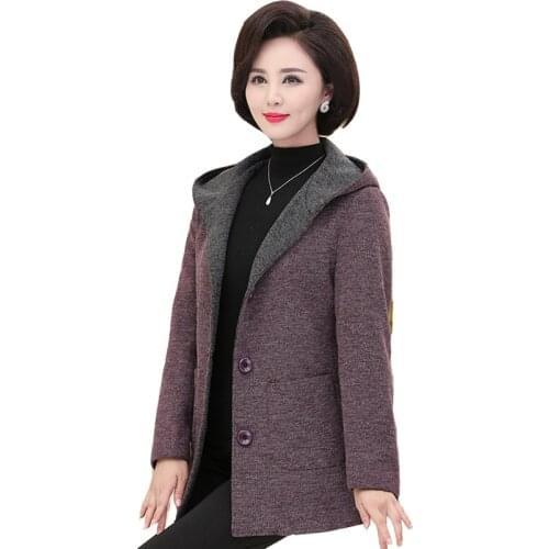Autumn Winter Women Woolen Jacket Fashion Single-breasted Hooded Long-Sleeve Middle-aged Female Windbreaker Woolen Cardigan