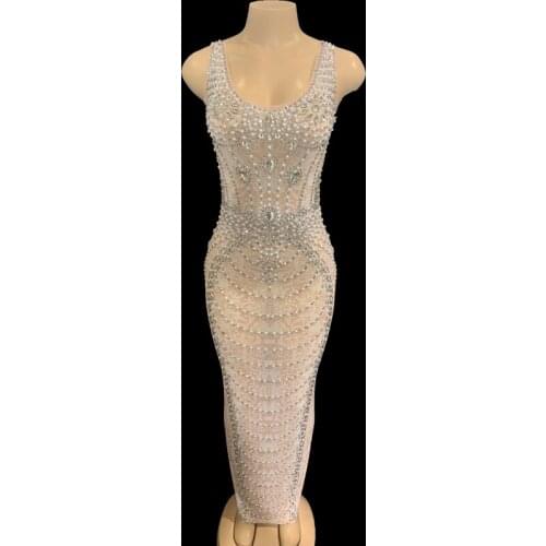 Sexy Mesh See Through Sparkly Crystals Pearls Long Dress Women Summer Sleeveless Birthday Celebrate Party Dresses Stage Costume