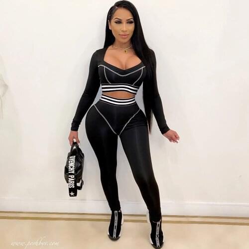 Tracksuit Women Set Fitness 2 Piece Outfits Black Long Sleeve Crop Top White Striped Patchwork High Waist Legging Ensemble Femme