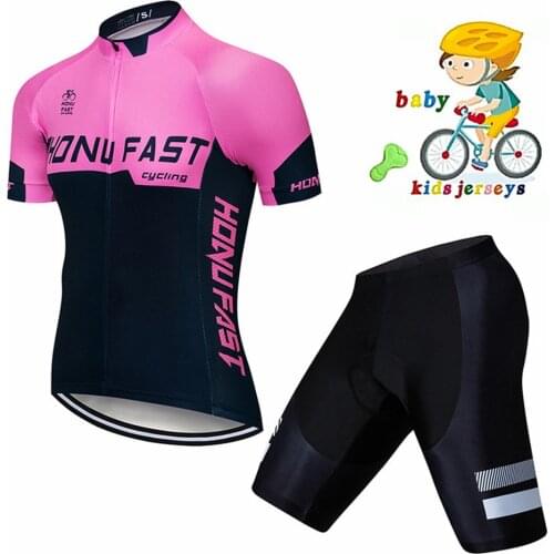 Honu fast Breathable Kids Cycling Jersey Set Boys Girls Summer Bicycle Shorts Fluorescent Pink Children Bike Clothing