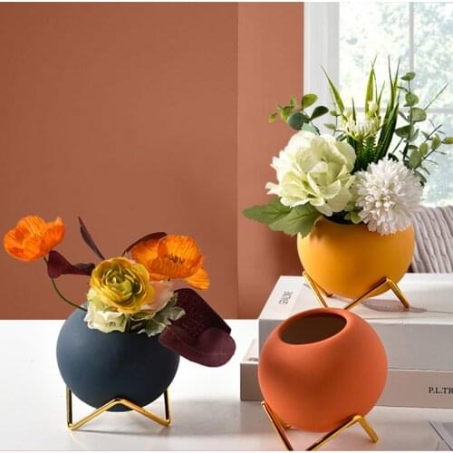 Nordic Ball Iron Ceramic Potted Desktop Bracket Vase Lobby room Decor bracket+Vase+ Flower Plant Simple Potter Home Decoration