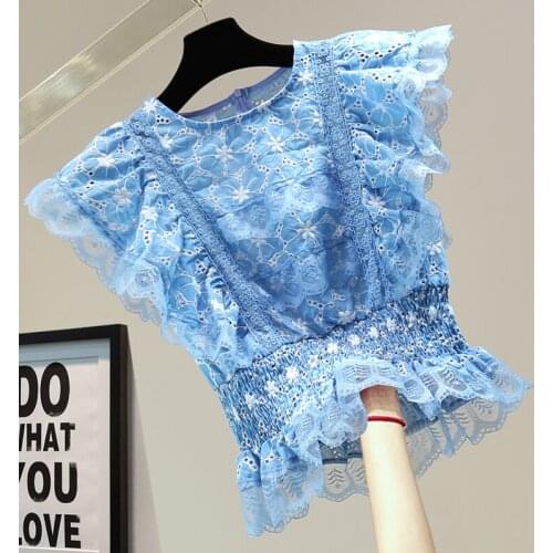 Lace Embroidered High Waist Short Shirt Woman 2021 Summer Korean Style Ruffled Hollow Sleeveless Cotton and Linen Tops Blusas