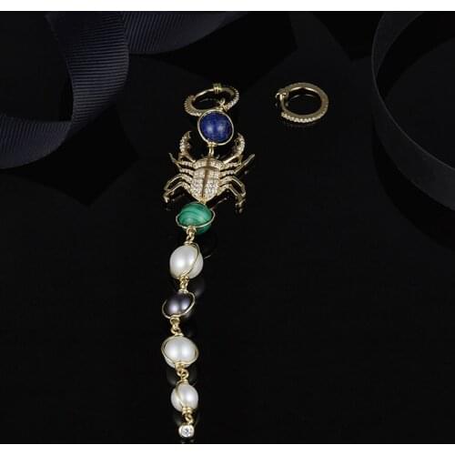 SLJELY 925 Sterling Silver Asymmetric Zircon Scarab Earrings with Pearl Multi Stones INTEMPOREL Earrings Women Fine Jewelry