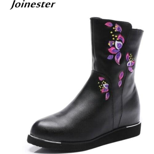 Ethnic Embroidered Boots for Women PU Leather Ankle Booties Side Zipper Short Boot Height Increased Ladies Winter Shoes