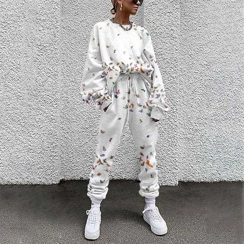 Womens suits butterfly floral printed long sleeve sweatshirt drawstring high waist jogger trouser casual streetwear 2021 autumn