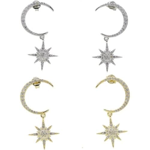 5A sparking bling cubic zirconia cz paved moon northstar charm drop earring for women