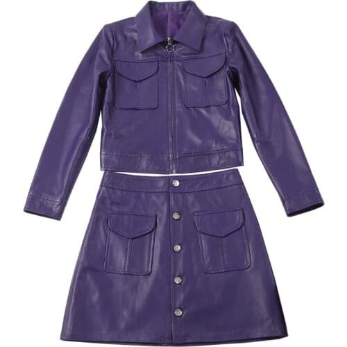 OL Style 100% Real Leather Short Skirts Set Women Long Sleeve Sheepskin Jacket A-Line Mini Skirts 2 Piece Set Female Streetwear