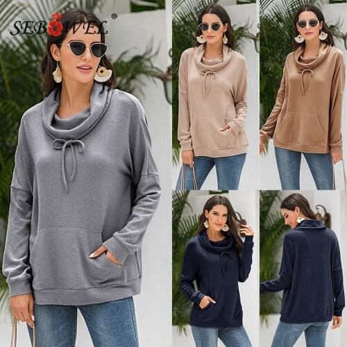 SEBOWEL Minimalist Style Womens Long Sleeve Solid Color Sweatershirt with Pockets Autumn Winter Female Casual Loose Plush Top