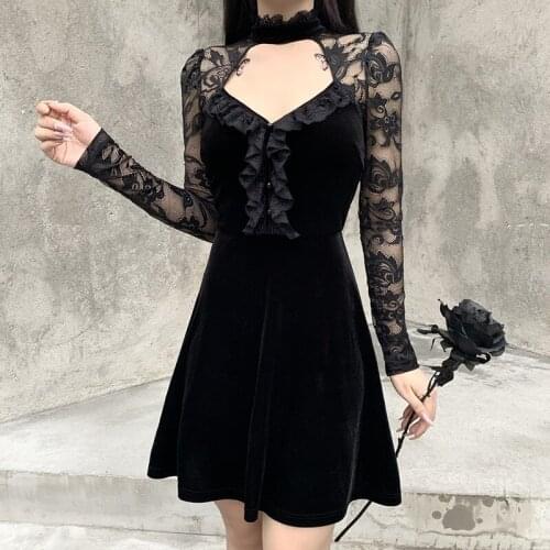 Gothic Vintage Bodycon Gothic Grunge Summer Women Dresses Harajuku Alt Lace Dress Fall 2021 Strap Hollow Out Dress Aesthetic Emo
