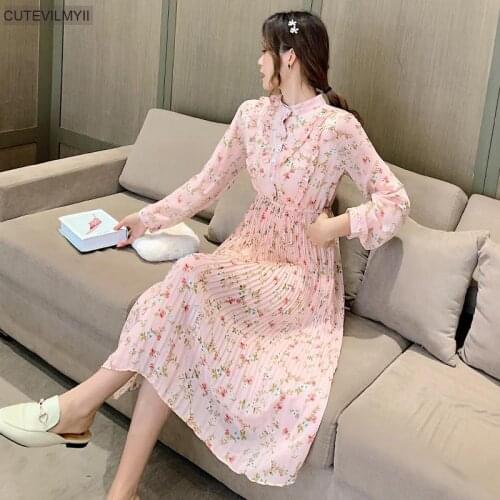2021 Spring Autumn Women Long Elegant Stand Collar Beige Pink Floral Printed Chic Sweet Dress Chiffon Pleated Pink Midi Dress