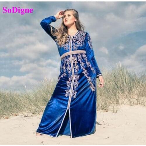 SoDigne karakou algerien Formal Evening Dresses Blue Lace Appliques long Sleeves Velour Caftan Muslim Prom Dress Party Gown