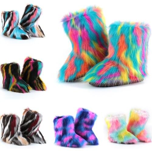 Winter Womens Faux Furry Boots Outdoor Plush Platform Cotton Shoes Ladies Fluffy High Rainbow Snow Boots Girls Furry Boots