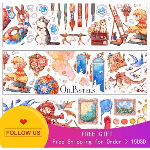 1 Loop 7 x 100cm Cute Little Girl And Her Cats Washi Tape Sample Pet Cm Oil Collage