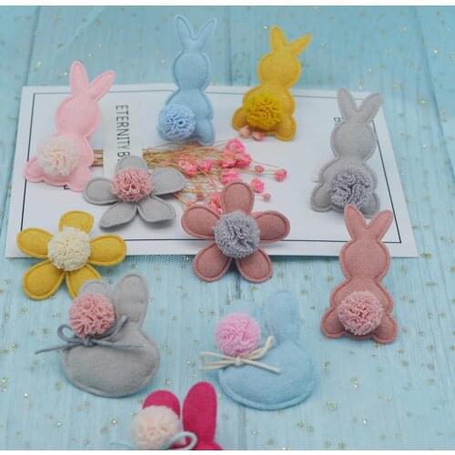 20Pcs Net Yarn Pompon Rabbit Flower Padded Appliques Clothing Crafts Material For Girls Hair Clip Patches Decoration Accessories