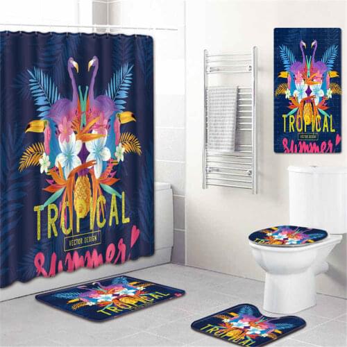 5 Pcs 3D Flamingo Shower Curtain/Bath Mat/Toilet Pad Set Character Pattern Anti-slip Toilet Pattern Carpet Flannel Bath Mat