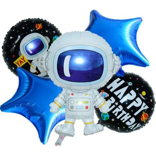 5pcs Outer Space Astronaut Rocket Aluminum Balloon Happy Birthday Round Balloon for Boys Kids Birthday Party Decoration Supplies