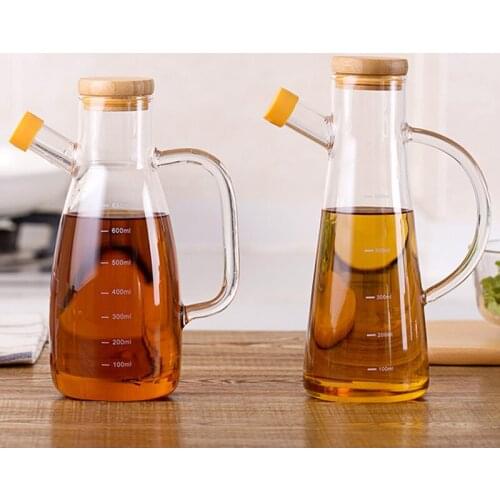 580/700ml Transparent Glass Oil Bottle with lid Handle Scale Heat-resistant Lecythus Soy Vinegar Sauce Container Kitchen Tools