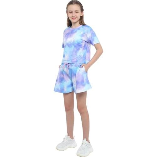 Kid Girls Summer Casual Sportsuit Tie Dye Print Short Sleeve T-shirt Tops with Drawstring Shorts Set Children Running Daily Wear