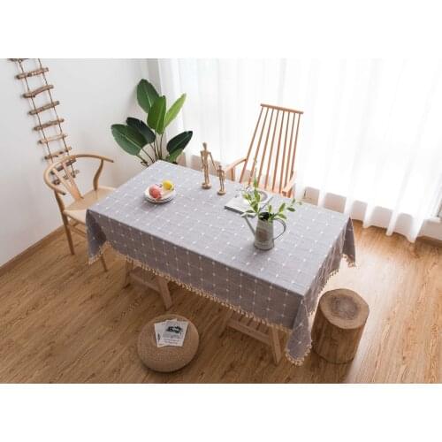 Gingham Embroider Table Cloth For Kitchen Table And Chair Cotton Linen Dining Table Cover Tassel Wedding-Party-Glam Decoration