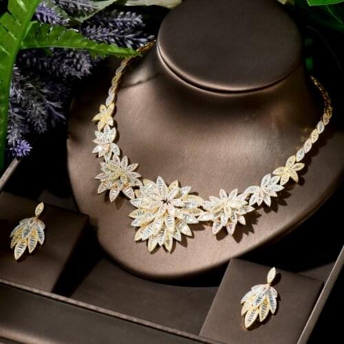 HIBRIDE New Leaf Leaves Jewelry Sets Wedding AAA Cubic Zirconia Statement Necklace Earrings Sets for Women Accessories N-1760