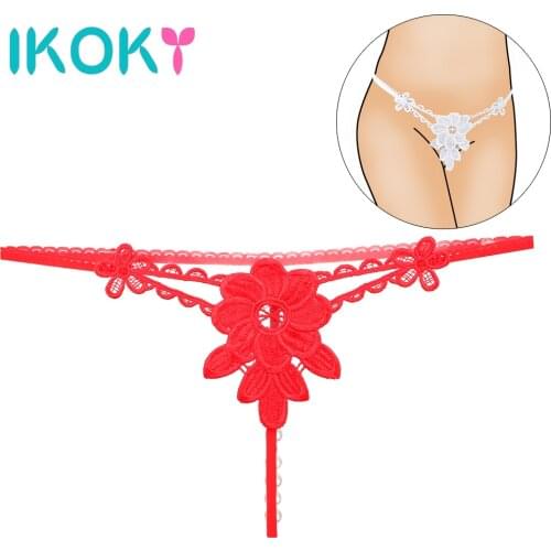 Women Lace T-back Underwear Sexy Lingerie Crotch Panties Embroidery G-string Thong Clitoris Bead Erotic Couples Flirt Products