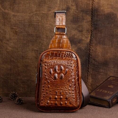 Men Genuine Leather Messenger Chest Bag Rucksack Shoulder Crocodile Grain Male Natural Skin Travel Single Knapsack Backpack