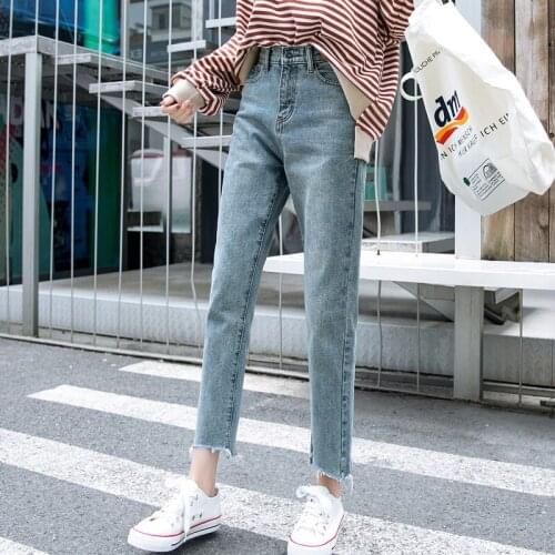 2020 spring and autumn new womens high waist ripped loose straight jeans