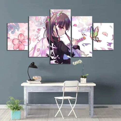 Demon Slayer Prints Poster 5 Panel Kimetsu No Yaiba Anime Modular Canvas Painting Home Decor Art Living Room Framework