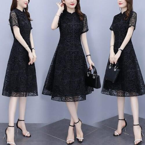 Plus Size Black Lace Chinese Qipao Cheongsam Women 2021 Summer Fashion Stand Collar Short Sleeve Hollow Out Dress Vesitdo zh1144