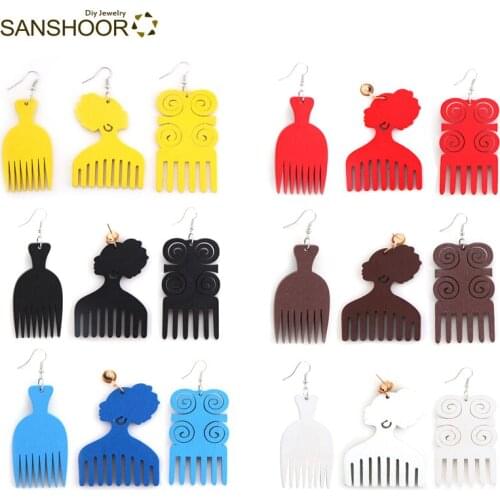 SANSHOOR Wholesale Mixed AFRO Comb Wood Drop Earrings African Ethnic Woman Head Earrings Jewelry 18Pairs
