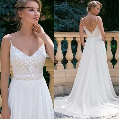 Sexy Bridal Boho Wedding Dress Spaghetti Straps Summer Beach 2021 Trouwjurk Mariage Wedding Gown Lace Open Back Lakshmigown