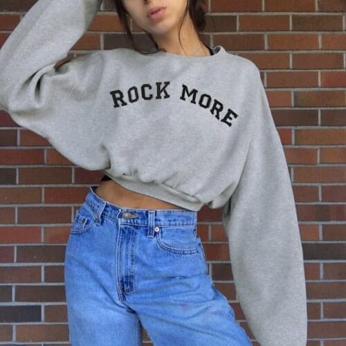 Gray Cotton Letter Printed Crewneck Sweatshirt Women Loose Crop Top Hoodies Autumn Drop-shoulder Kawaii Clothing Aesthetic