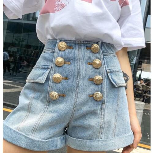 Women Casual Denim Shorts Gold Lion Head Buttons Office Lady Shorts 2021 New Summer High Waist Blue Solid Femme Spodenki